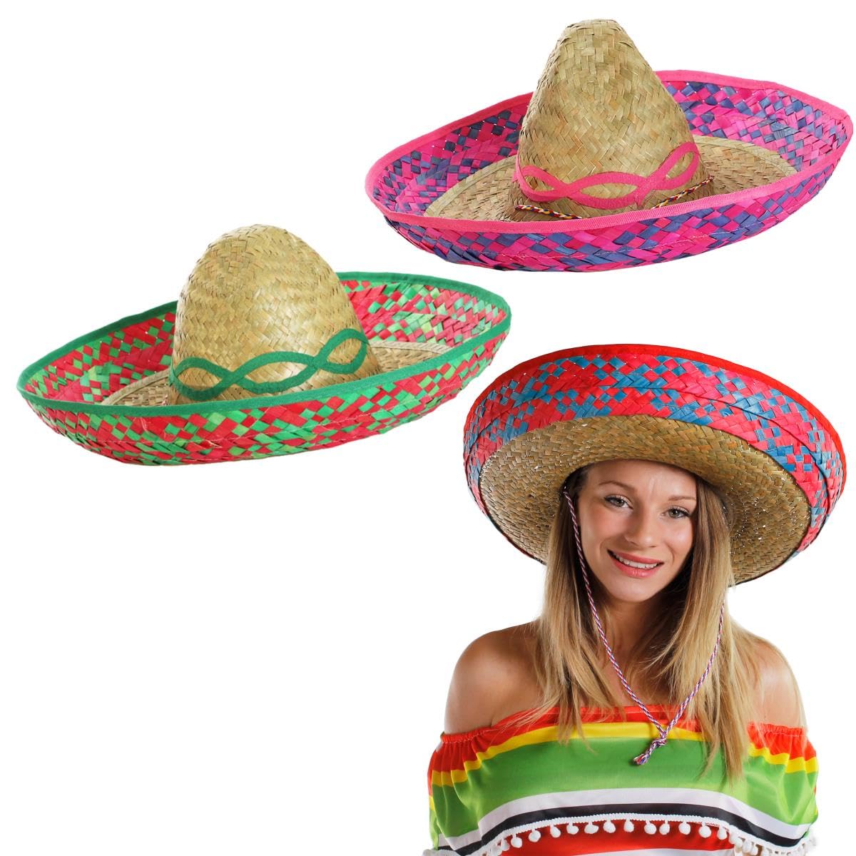 Adults Straw Sombrero Hats with Two-Tone Decorative Trimming - Mexican Summer Fancy Dress Party Hen Stag - 3 Mixed Hats (Pink, Green and Red)