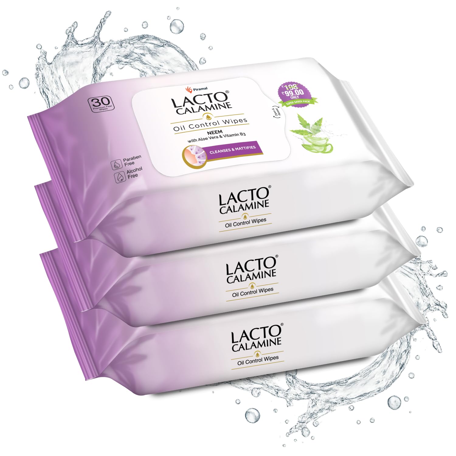 Lacto Calamine Oil Control Face Wipes | 30 N each- Pack of 3 | Wet Wipes for Face With Neem, Aloe Vera & Niacinamide | Makeup Remover Wipes | Hydrating, Refreshing, Soothing | Pararben & Alcohol Free