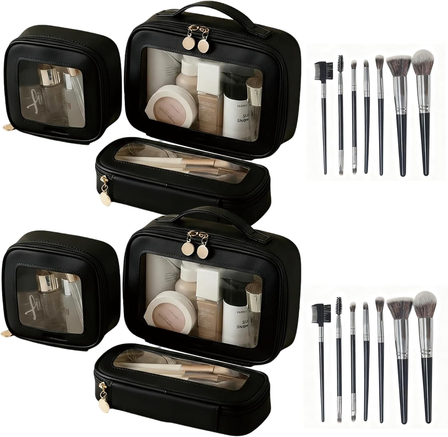2 Complete Sets of 3-Size Makeup Bags | Premium Transparent & Waterproof Cosmetic Organizer Storage Bag | Travel Toiletry & Skincare Storage Set (Black, L+M+S+MakeupBrushes)