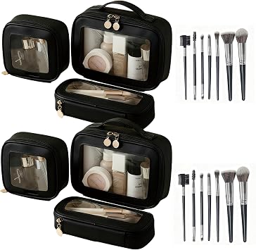 2 Complete Sets of 3-Size Makeup Bags | Premium Transparent & Waterproof Cosmetic Organizer Storage Bag | Travel Toiletry & Skincare Storage Set Black, L+M+S+MakeupBrushes