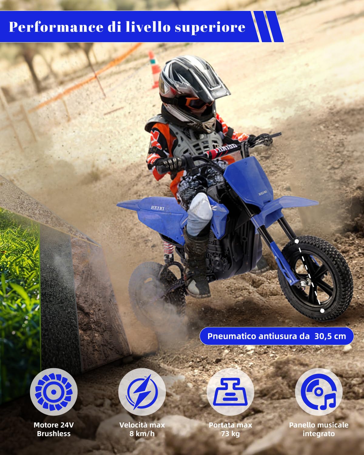 TCARAIWEN Dirt Bike Elettrica per Bambini, Moto Elettrica 24V per Bambini dai 6 Anni in Su, Pneumatici Off-Road e Ammortizzatore con Freno a Tamburo, Giocattolo Cavalcabile fino a 18 km/h (blu)