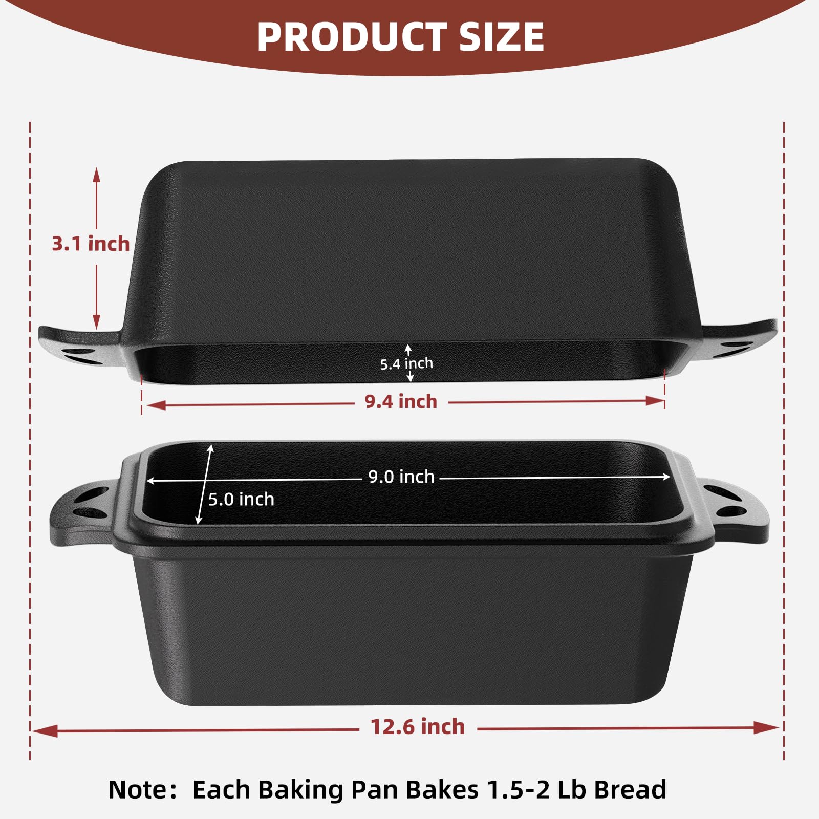 Kastenform aus Gusseisen mit Deckel, 22,9 x 12,7 cm, 2-in-1 Brotbackformen für hausgemachtes Brot, 2-teiliges Set