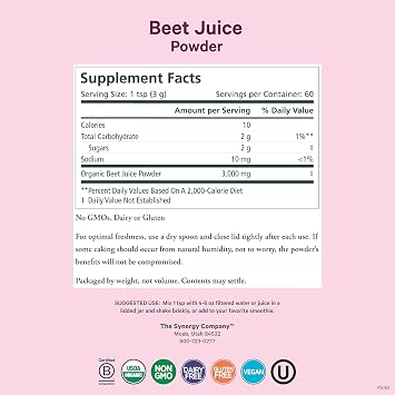 PURE SYNERGY Organic Beet Juice Powder | Pre-Workout Supplement | Organic Beet Root Juice Powder | for Healthy Circulation, Exercise, and Detoxification (6.4 oz.)