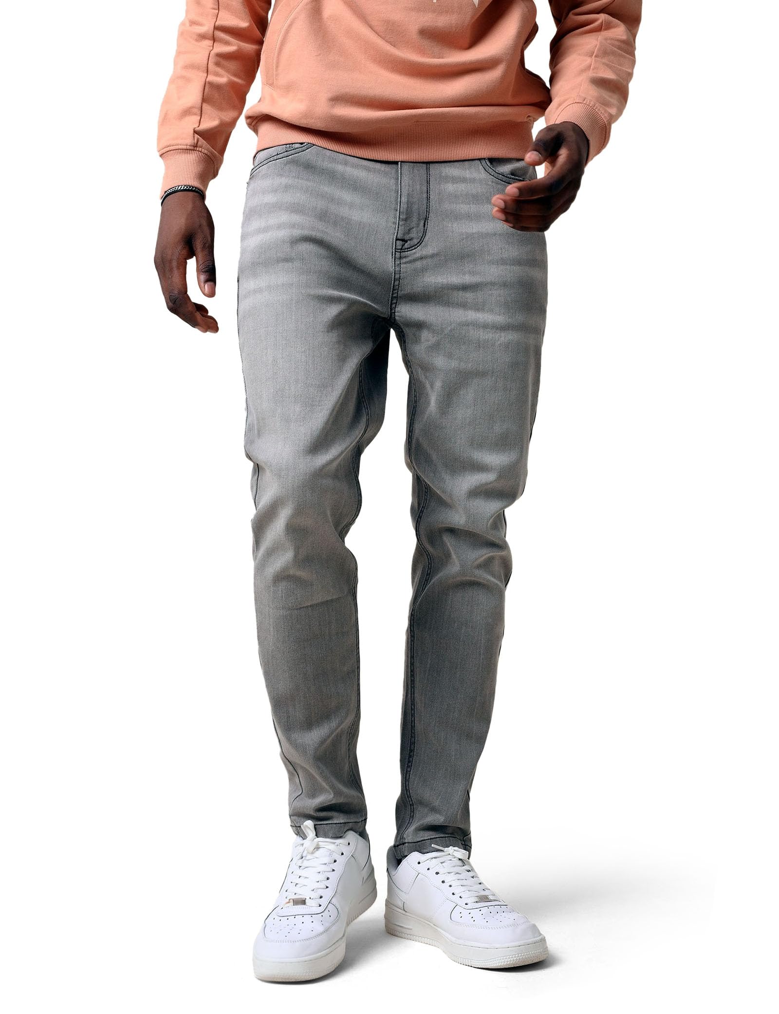 Enorsia Mens Tapered Slim Fit Jeans with Five Pockets, Zip Fly, Branded Button Fastening, Grey Wash with A Rich Look and Comfort Stretch Cotton-Rich Fabric (Grey,40)