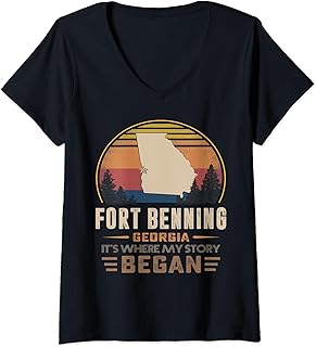 Womens Vintage Fort Benning Georgia Hometown My Story Began V-Neck T-Shirt