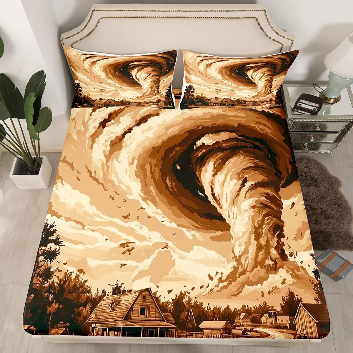 Erosebridal Tornado Fitted Sheet Full Size,Lightning Bedding Set with Deep Pocket,Orange Blue Nature Bed Sheets,Natural Disaster Sheets Highway with Tornado Design 3Pcs(1 Fitted Sheet,2 Pillowcases)