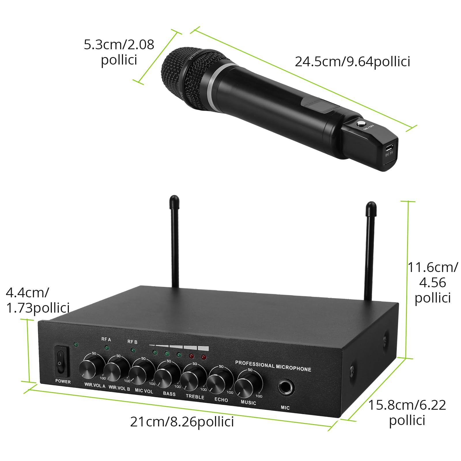 LiNKFOR Microfono Wireless UHF Ricaricabile Bluetooth 5.0 Doppio Microfono Portatile in Metallo, Ingresso/Uscita RCA, Uscita 6,35 mm Microfono Senza Fili per Macchina Karaoke, Mixer, Sound Bar