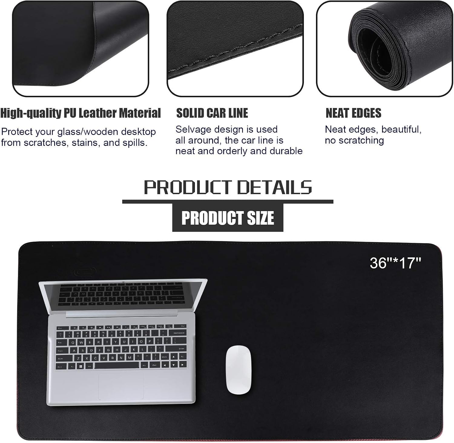 Leather Desk Pad Protector, Non-Slip Office Desk Mat, Large Mouse Pad, PU Leather Desk Blotter, Laptop Desk Pad, Waterproof Desk Writing Pad for Home and Office (Black, 36" x 17")