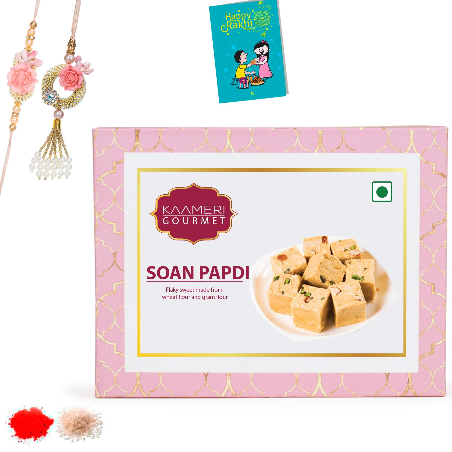Kaameri Bazaar Rakhi for Brother and bhabhi combo with Sweets - Rakhi and lumba with soan papdi Gift Pack Greeting Card and Roli Chawal - Rakhi Gift for Brother and bhabhi - Pink Rose Rakhi (B0CF5HK441) Amazon Price History, Amazon Price Tracker