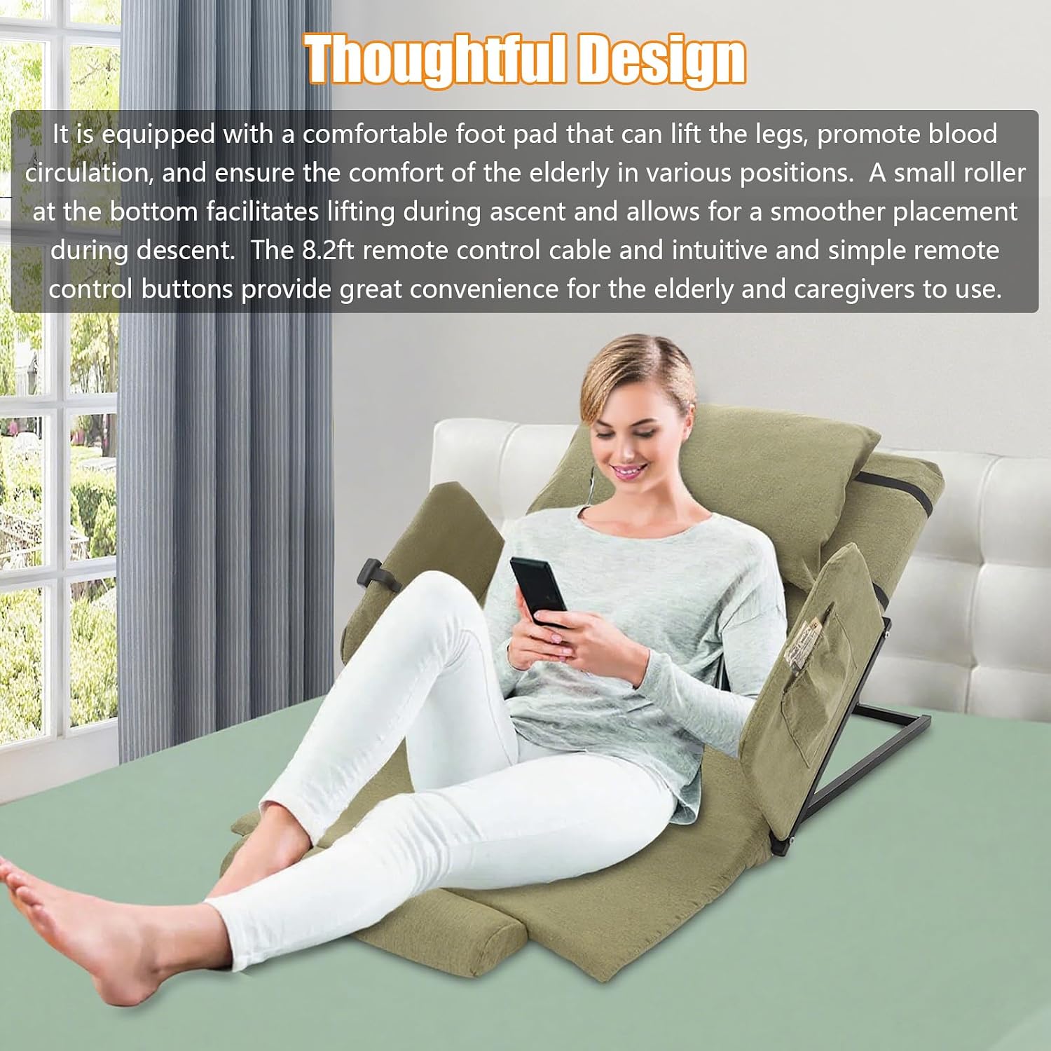 Electric Power Lifting Adjustable Bed Back Rest for Patient Back Lumbar Support, Assist Elderly to Get Out of Bed Easily, Removeable Bedrails with Pocket for Disabled, 350lbs, Green