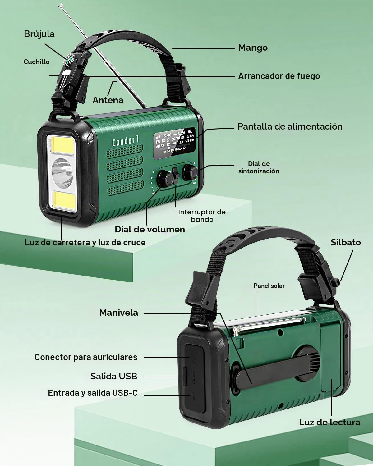 Radio Kurbel de 20000 mAh, radio de notificación solar portátil con amplificador AM/FM, alarma SOS, lámpara de luz LED y lámpara de bolsillo, notificación de caída (Verde militar)