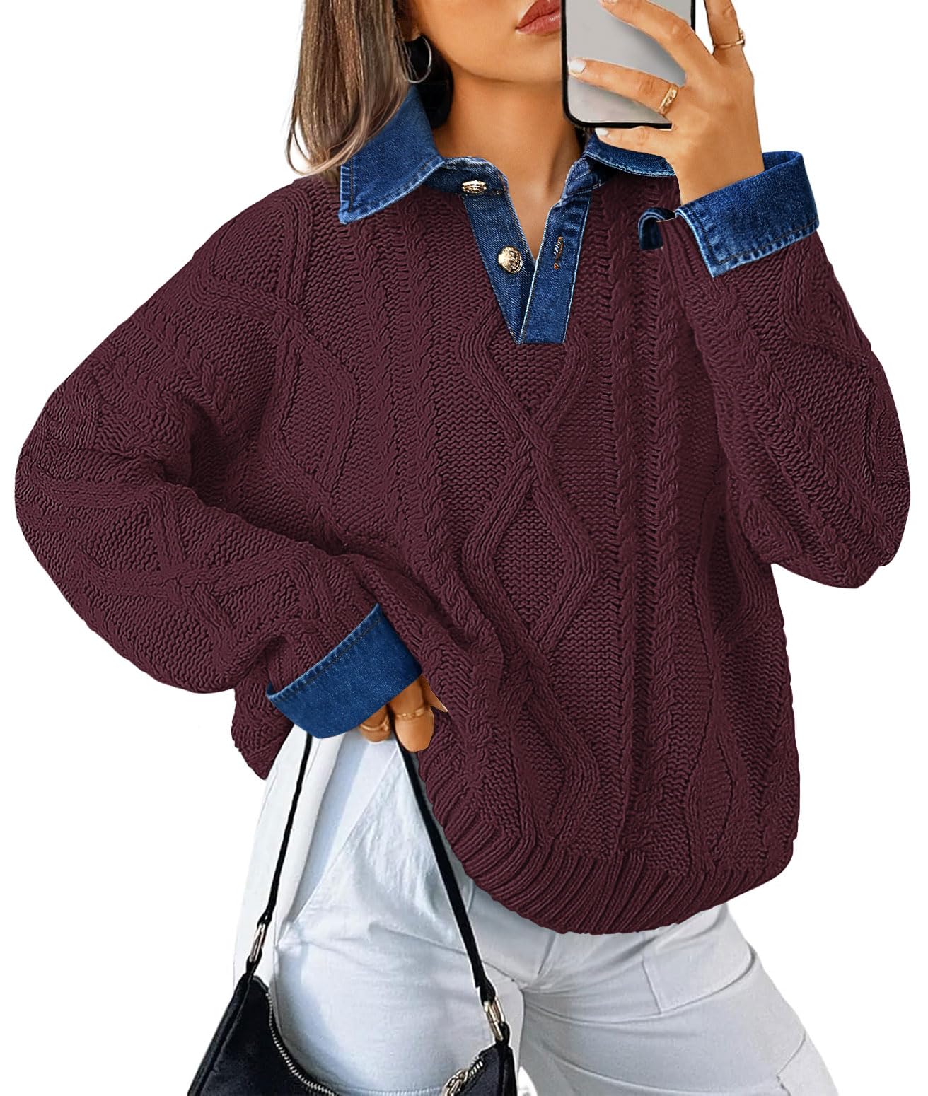 Soesdemo Womens Oversized Cable Knit Sweaters Chunky Long Sleeve Button Up Denim Polo Neck Knit Pullover Tunic Sweaters
