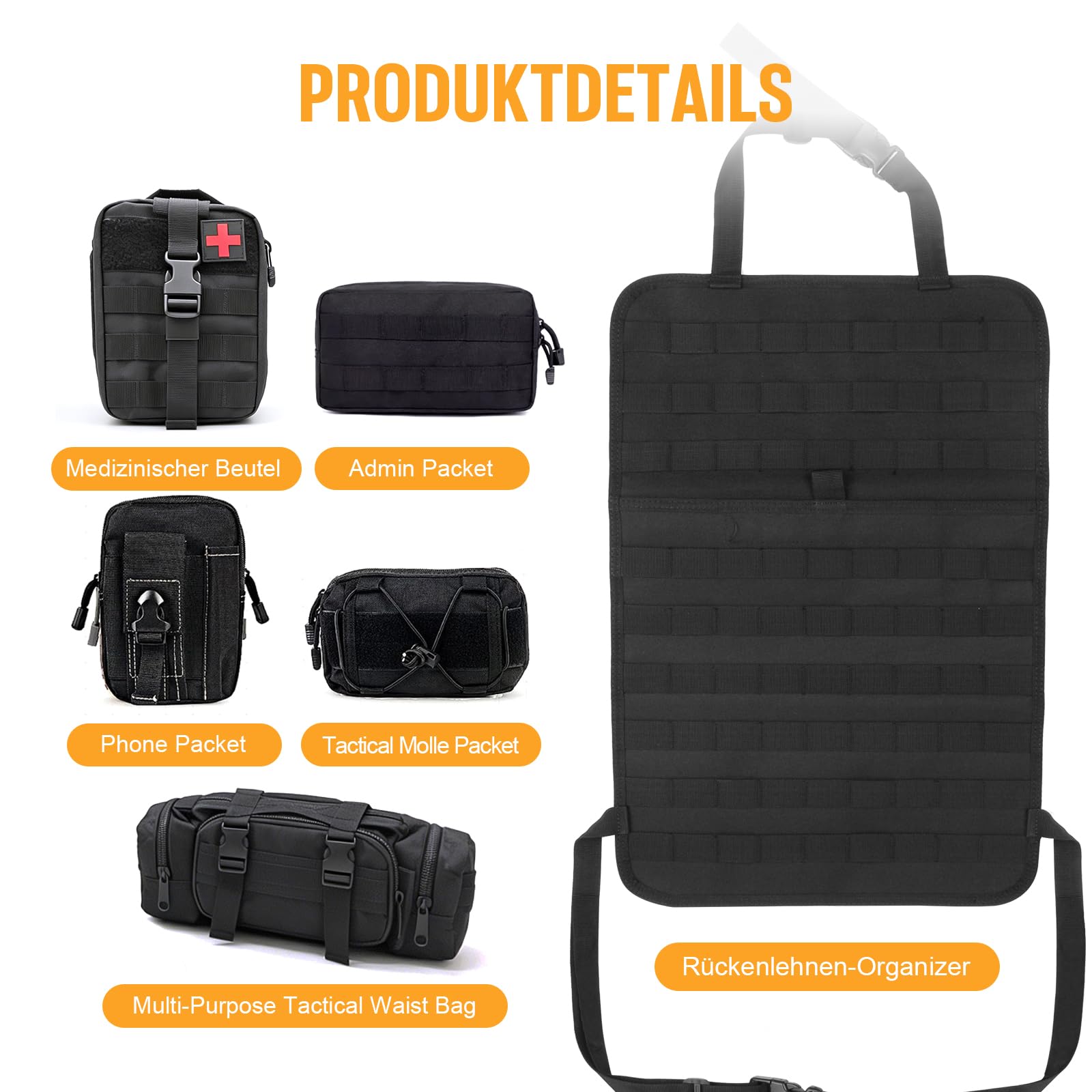 Universeller Molle Nylon Taktischer Autositz Organizer, Vordersitz Rückenlehnen-Aufbewahrungstasche, Rückenlehnenschutz mit 5 Taschen für alle Fahrzeuge