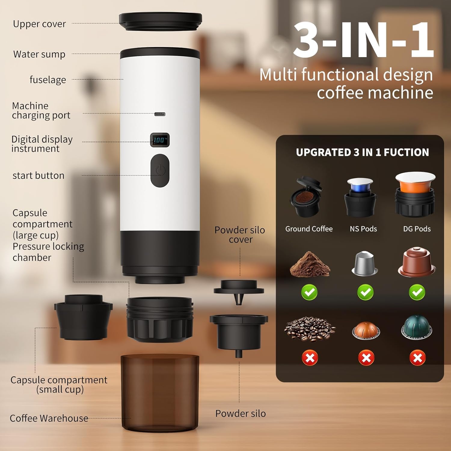 Cafetera portátil 3 en 1 con pantalla LED, tanque de 90 ml, autocalentamiento, compatible con café molido y cápsulas de espresso