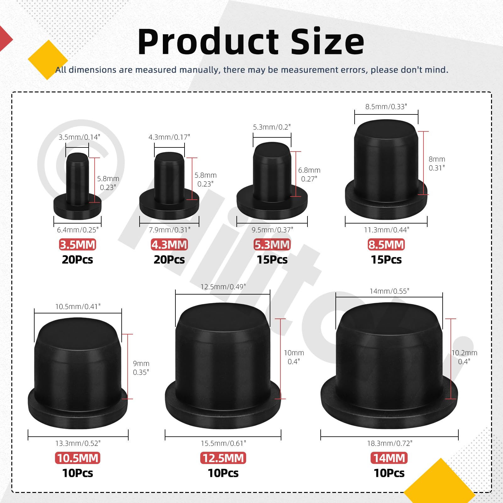 Hilitchi 100Pcs 7Sizes Solid Silicone Stopper Hole Plugs Assortment Kits 3.5MM 4.3MM 5.3MM 8.5MM 10.5MM 12.5MM 14MM High Temp Silicone Plug for Powder Coating Plating Waterproof Plugs(Black)