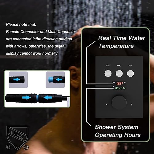 Miniatura 21 de Sistema de ducha termostático dorado cepillado, juego de grifo de ducha LED de lluvia de 12 pulgadas, sistema de cabezal de ducha de cuerpo completo