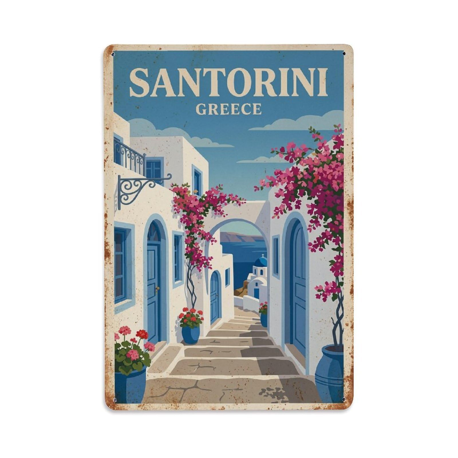 Fyrn Style Metal Tin Sign Vintage Travel Santorini Greece Courtyard