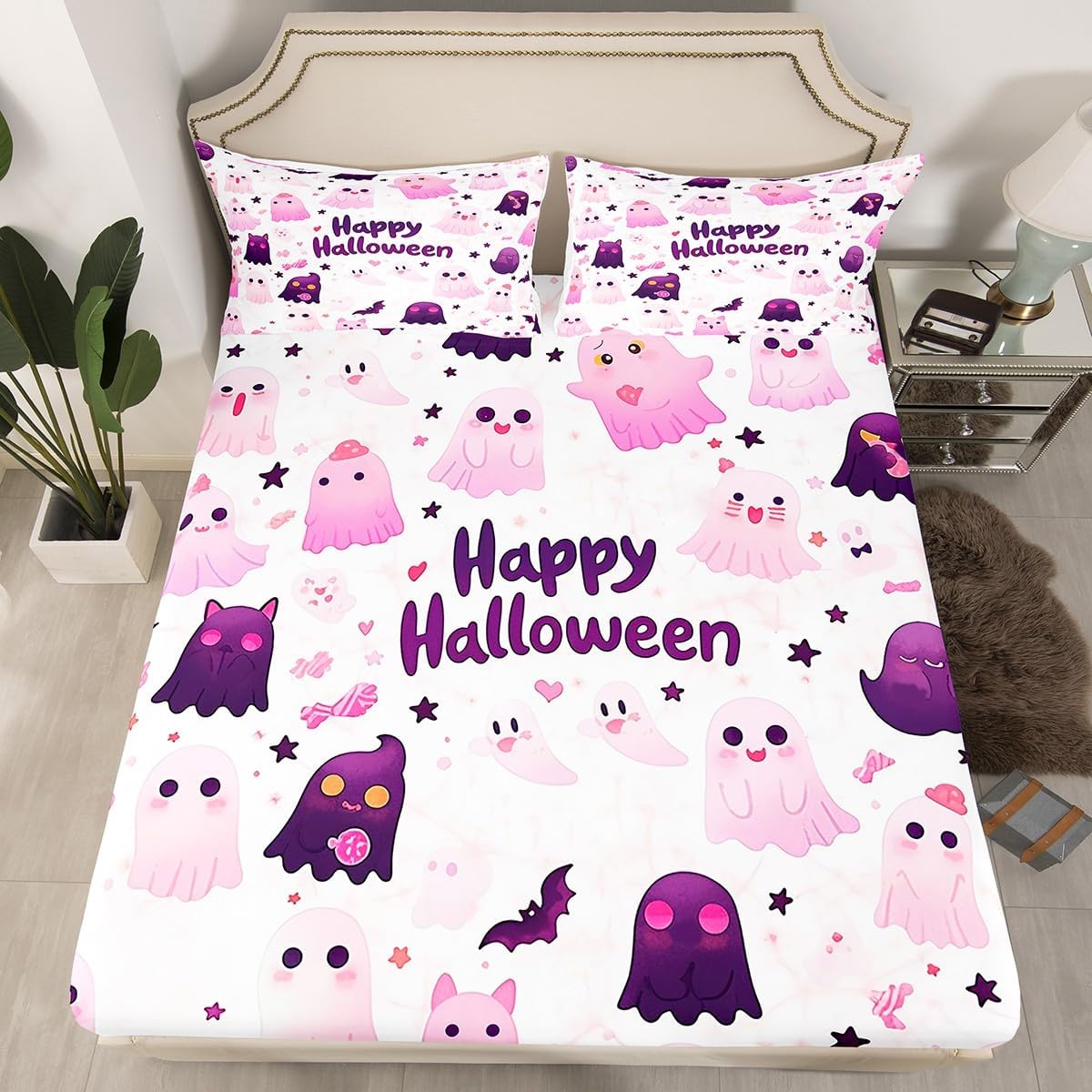 Erosebridal Adults Green Halloween Bed Sheets Full Gothic Bats Pumpkin Fitted Sheet for Men,Retro Black Victorian Baroque Damask Bedding Sheets Goth Trees Castle Sheets 3 Pcs
