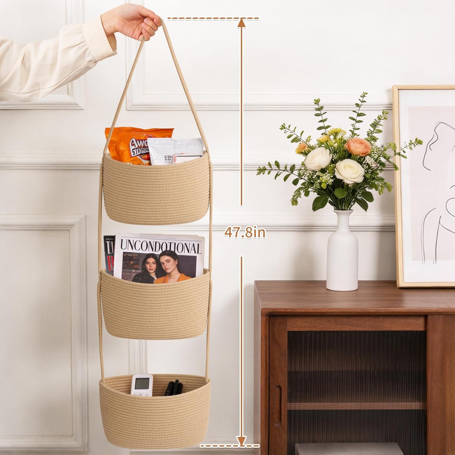 Goodpick 3-Tier Hanging Basket Over the Door, Cotton Rope Wall basket, Hanging Nursery Decor for Organizing, Jute