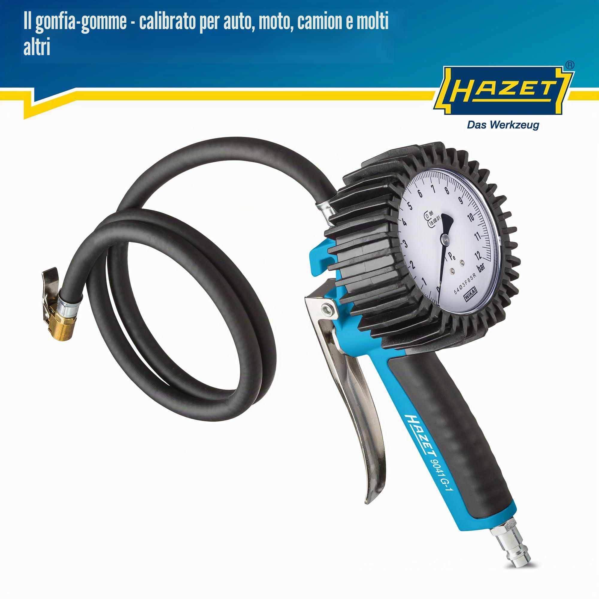 Manometro per pneumatici HAZET 9041G-1, Calibrato, di facile lettura, campo di misurazione del manometro: 0-10 bar, lunghezza del tubo flessibile: 1000 mm, diametro del manometro: 80 mm