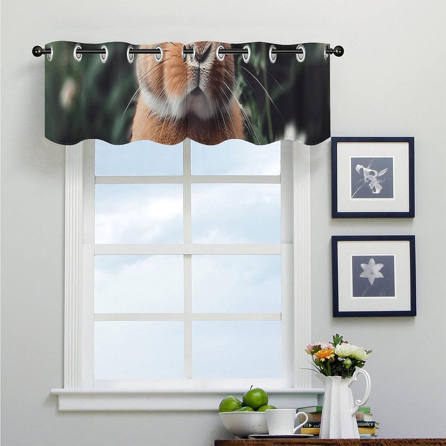 Rabbit Next to Flowers Valances for Window 2 Panels. Light Filtering Curtains Farmhouse Short Small Valance.Modern Curtains for Windows Living Room Kitchen Over Sink.