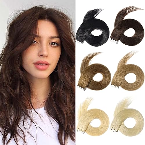 Yamel Extensiones de cabello humano con cinta, extensiones de cabello negro natural de 10 pulgadas, 20 unidades