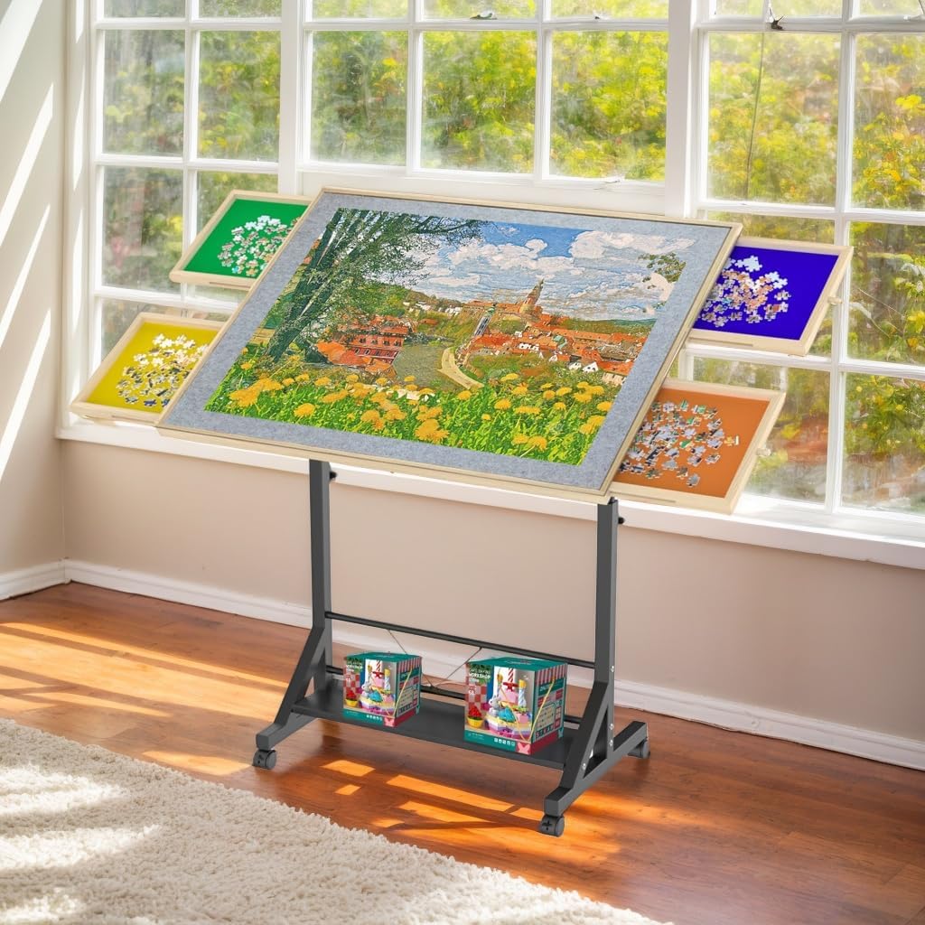 360° Adjustable Puzzle Table for 1500 Pieces Jigsaw Puzzle, 4 Colorful Drawers & Dust Cover, Lockable Casters & Metal Storage Shelf Puzzle Board for Living Room Bedroom Study (Silver)