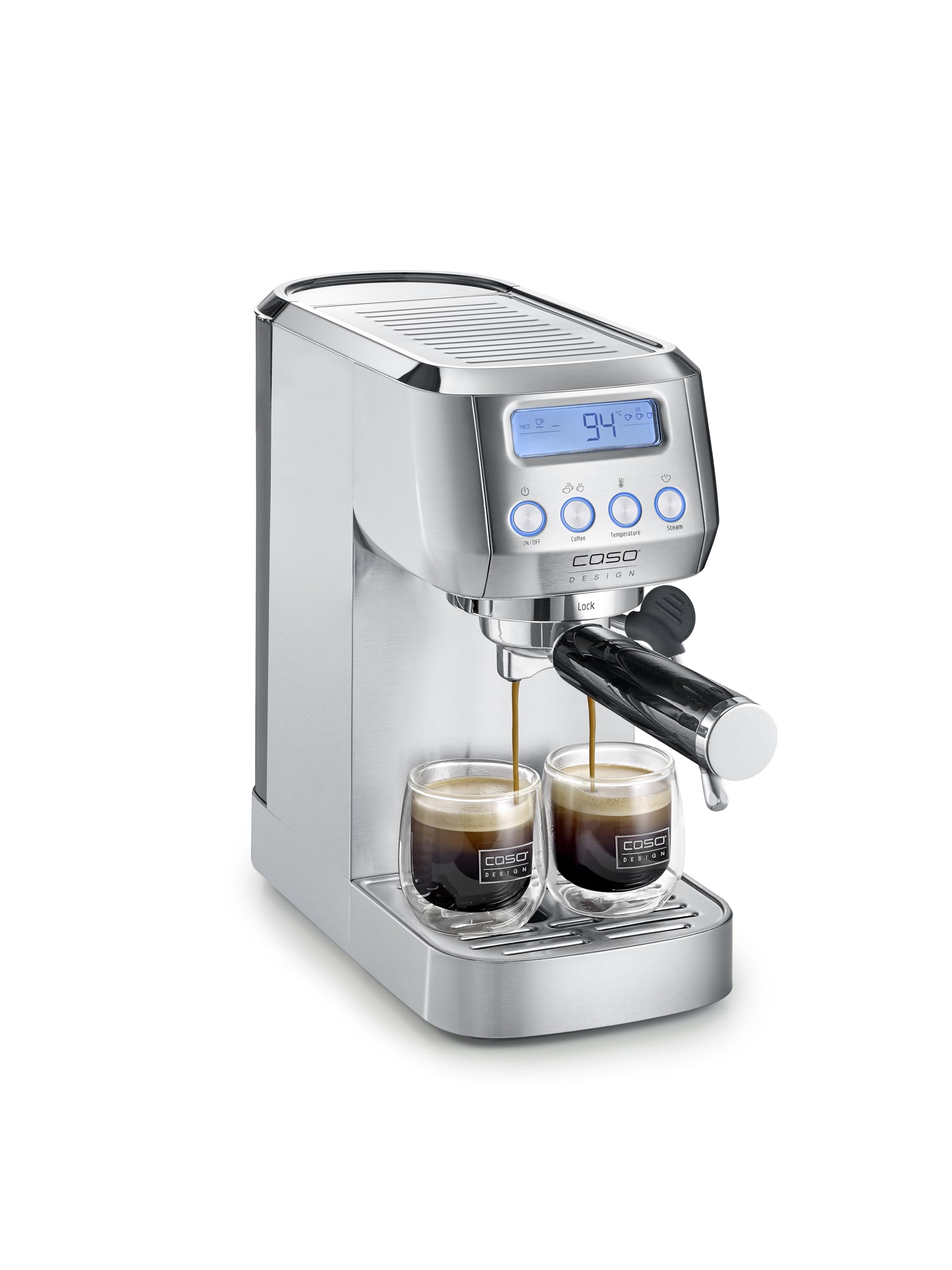 CASO Espresso Gourmet Crema - Macchina per il trasporto del colino con montalatte, espresso, cappuccino, portafiltro in acciaio inox, pompa ULKA, macchina da caffè in polvere, ESE Pads