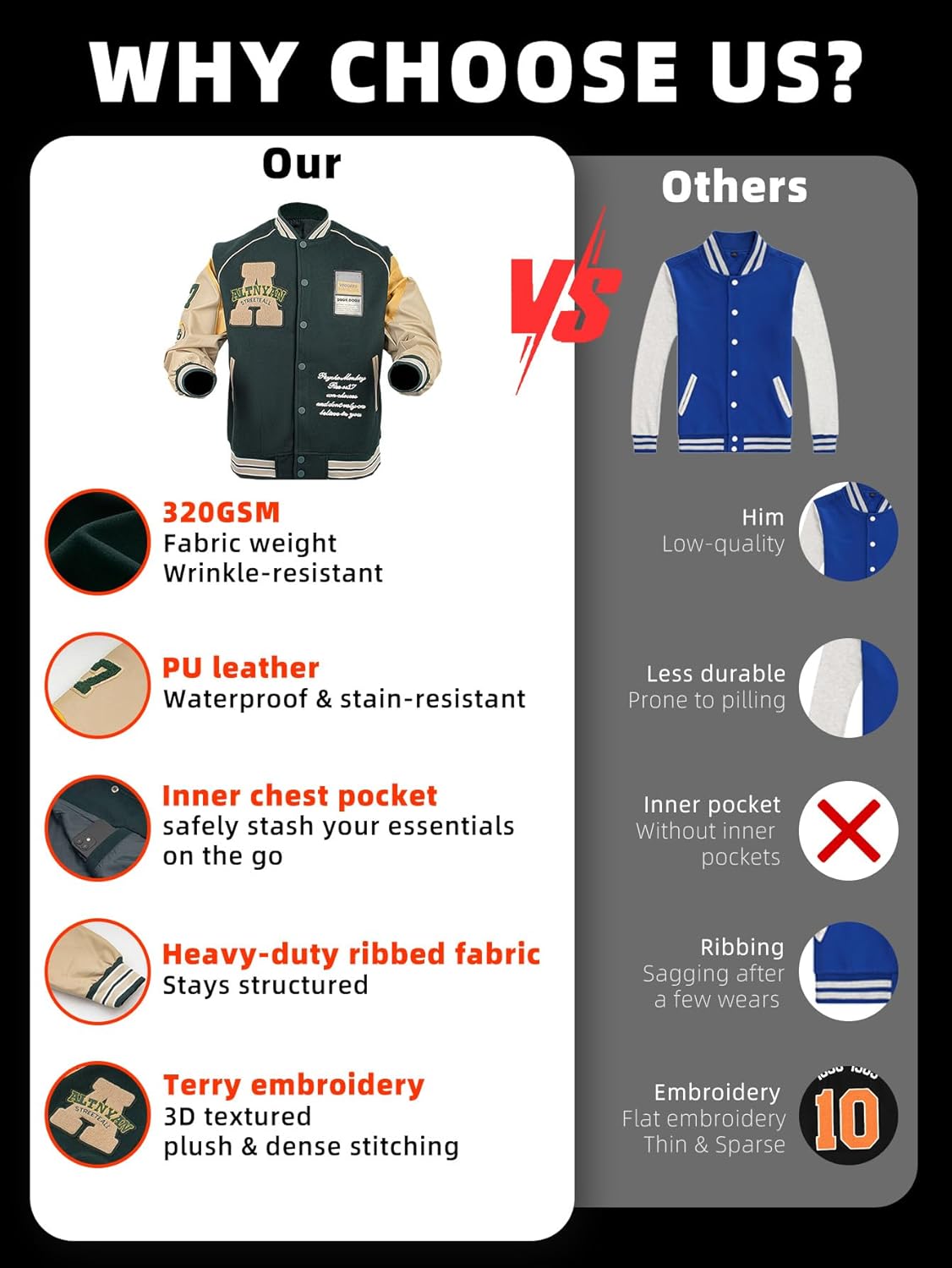 Mens Baseball Jacket Leather Sleeve Casual Lightweight Bomber Coat Varsity Jackets（Regular & Big & Tall Sizes）