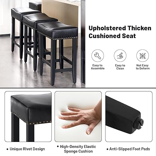 Miniatura 5 de Furniliving Juego de 4 taburetes de bar de 25.7 pulgadas de altura de mostrador, taburetes de bar tapizados con patas de madera maciza, taburetes de