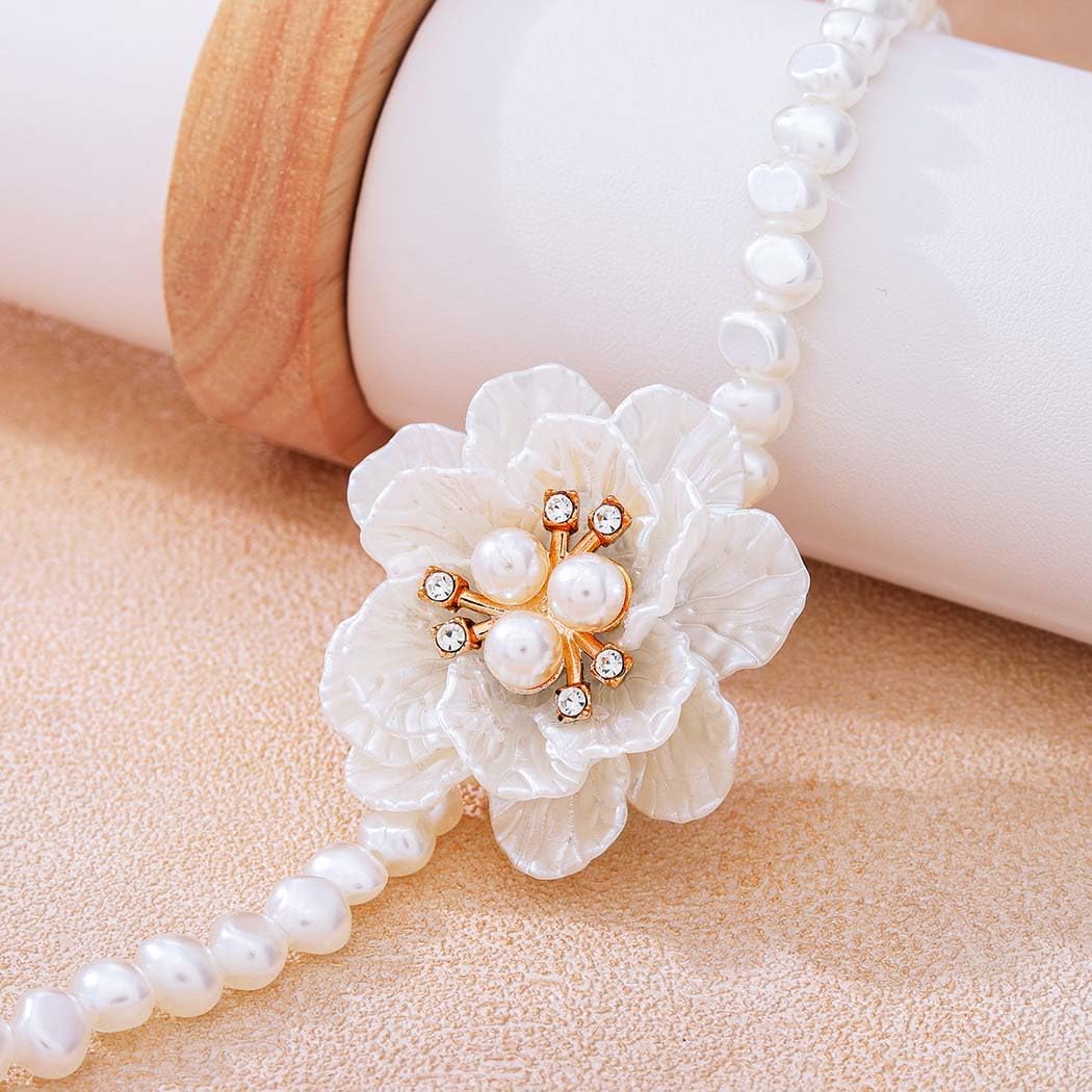 Gangel Big Flower Necklace Pearl Choker White Flower Necklaces Vintage Floral Choker Prom Flowers Necklace Jewelry for Women