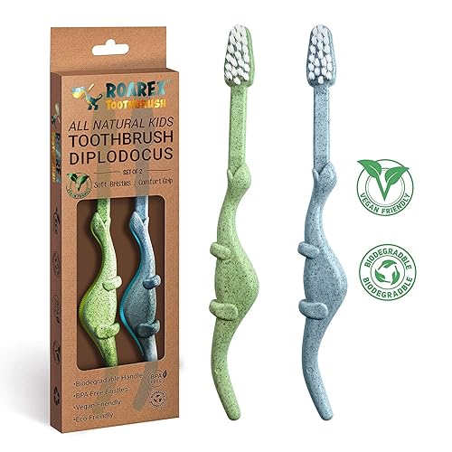 Miniatura 8 de ROARex Cepillo de dientes vegano para niños  Diseño de dinosaurio  Cepillo de dientes natural biodegradable y compostable a base de plantas  Tema de
