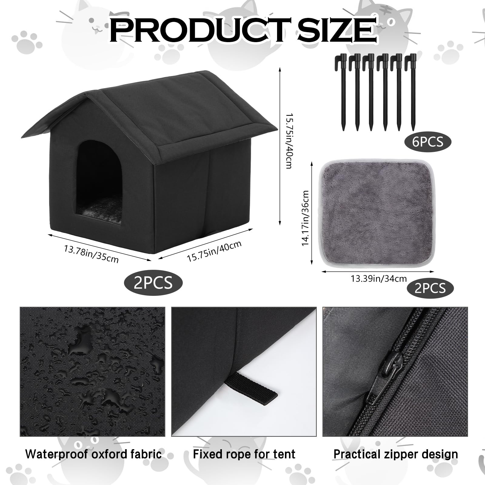 2 Sets Outdoor Cat Shelter with Self Heating Cat Pad Included 2 Pcs 15.8 Inch Waterproof Stray Shelter 2 Pcs Self Warming Pad Outside Pet Cave with Tent Stakes for Wild Animal Dogs