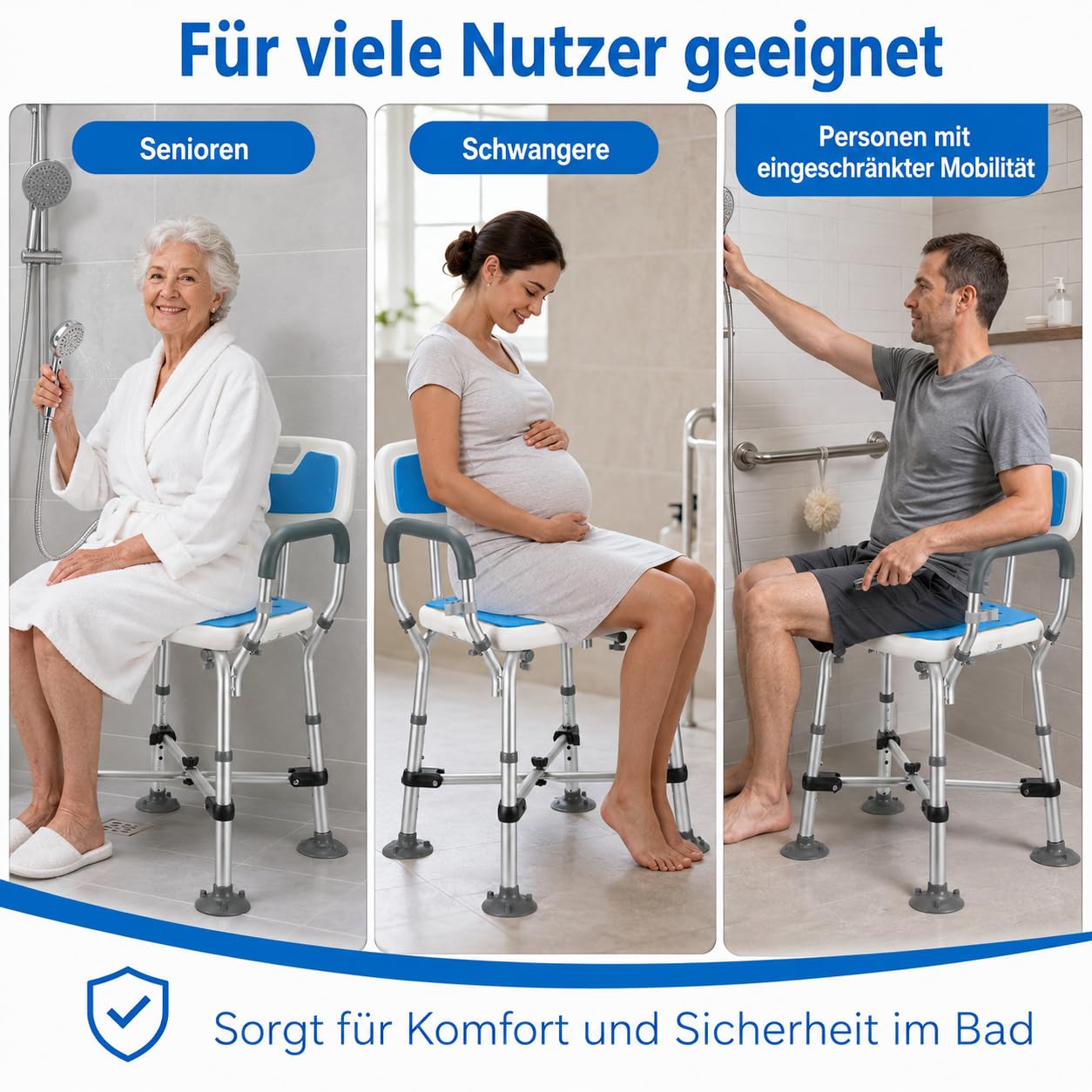Silla de ducha con respaldo para personas mayores, asiento de ducha regulable en altura, taburete de ducha con doble viga transversal reforzada, taburete para bañera, banco de ducha con