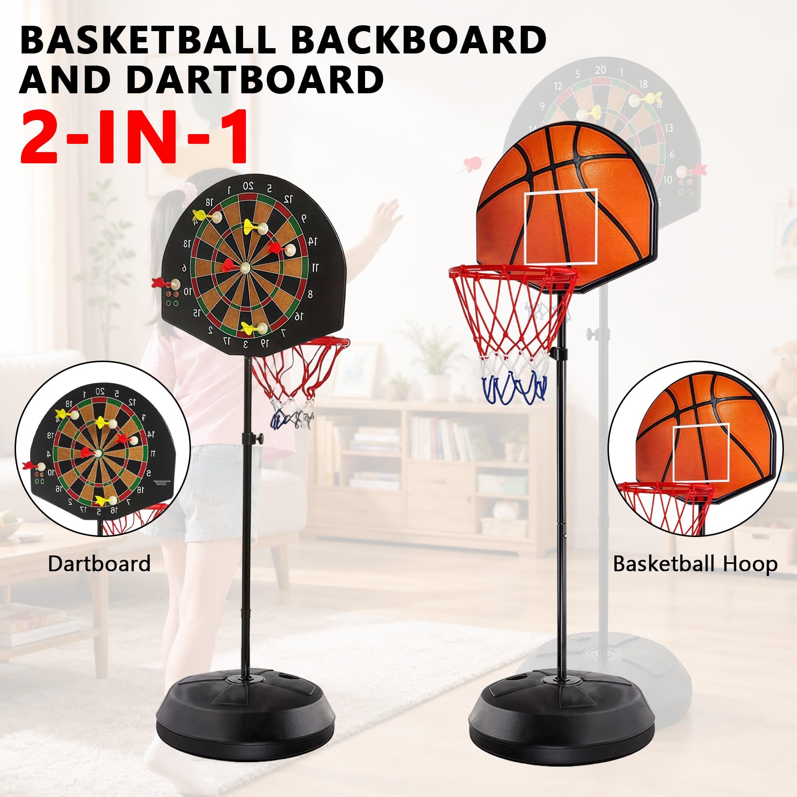 2 in 1 Basketballkorb Outdoor mit Dartscheibe Ständer, Basketballkorb Indoor Outdoor, Dartscheibe mit Ständer, 118-140cm Höhenverstellbar Basketball Korb mit Darts Target BäLlen Pumpe Geschenk