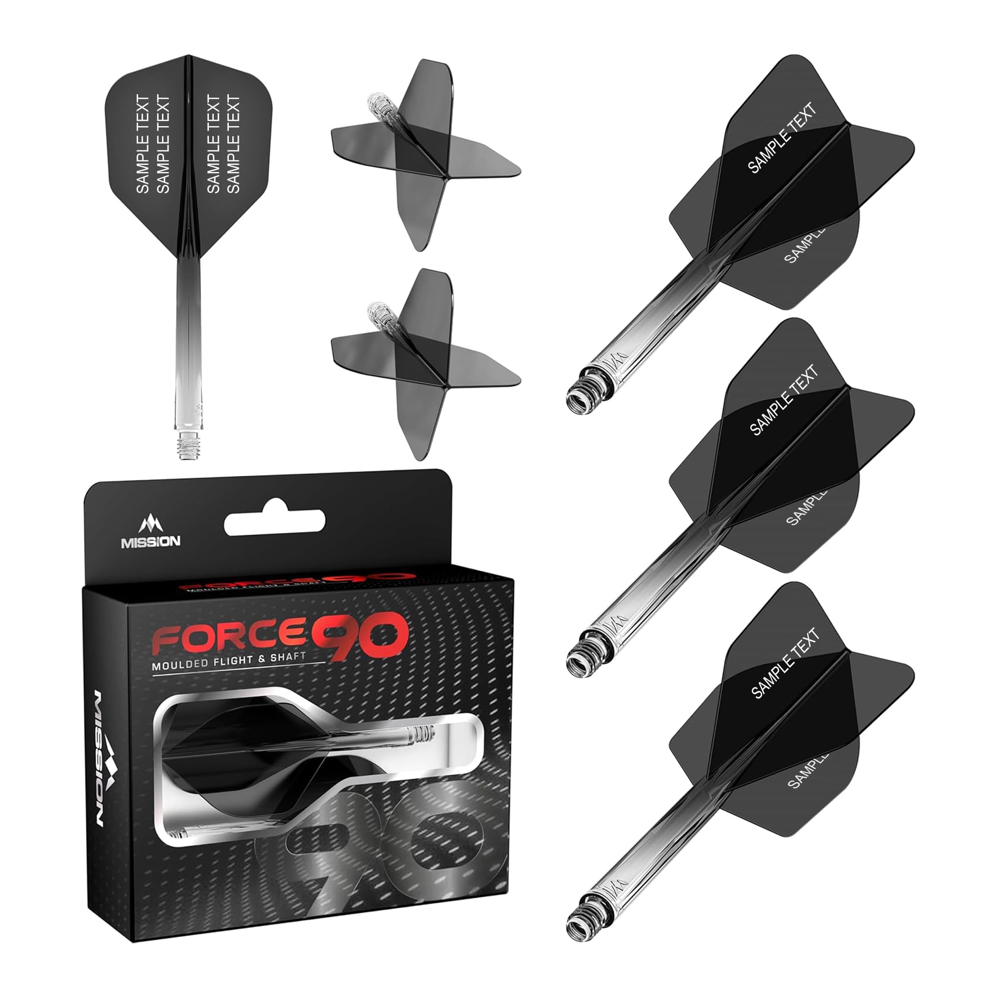 Mission Darts Force 90 | Personalised Integrated Precision Moulded Dart Flight And Shaft System, Highly Durable Combined Dart Flights And Stems | Standard No.6. (Transparent Black, Medium)