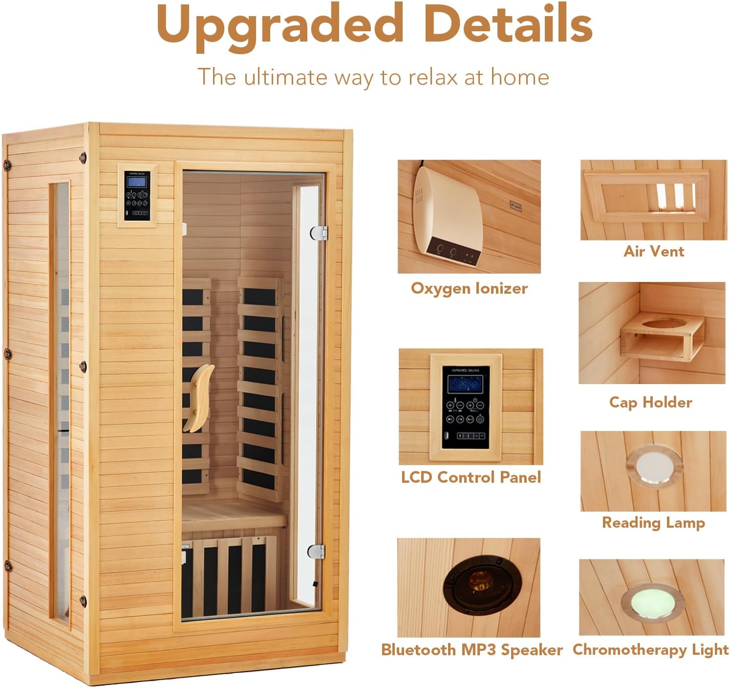 Garvee 2024 Upgrade 1 to 2 Person Sauna, 6 Heating Plate Infrared Physical Therapy Wooden Dry Steam Sauna, Low EMF, MP3 Auxiliary Connection, Dual Controls Inside and Outside Fits, Home Spa Day Use