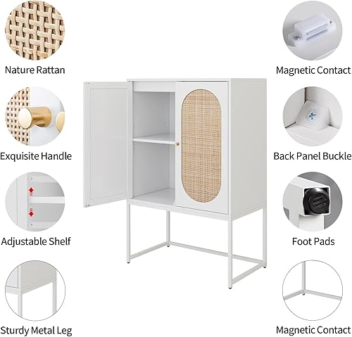 Miniatura 3 de Gabinete alto de ratán natural de 2 puertas, aparador de buffet, estantes ajustables, armario de madera independiente para sala de estar y comedor