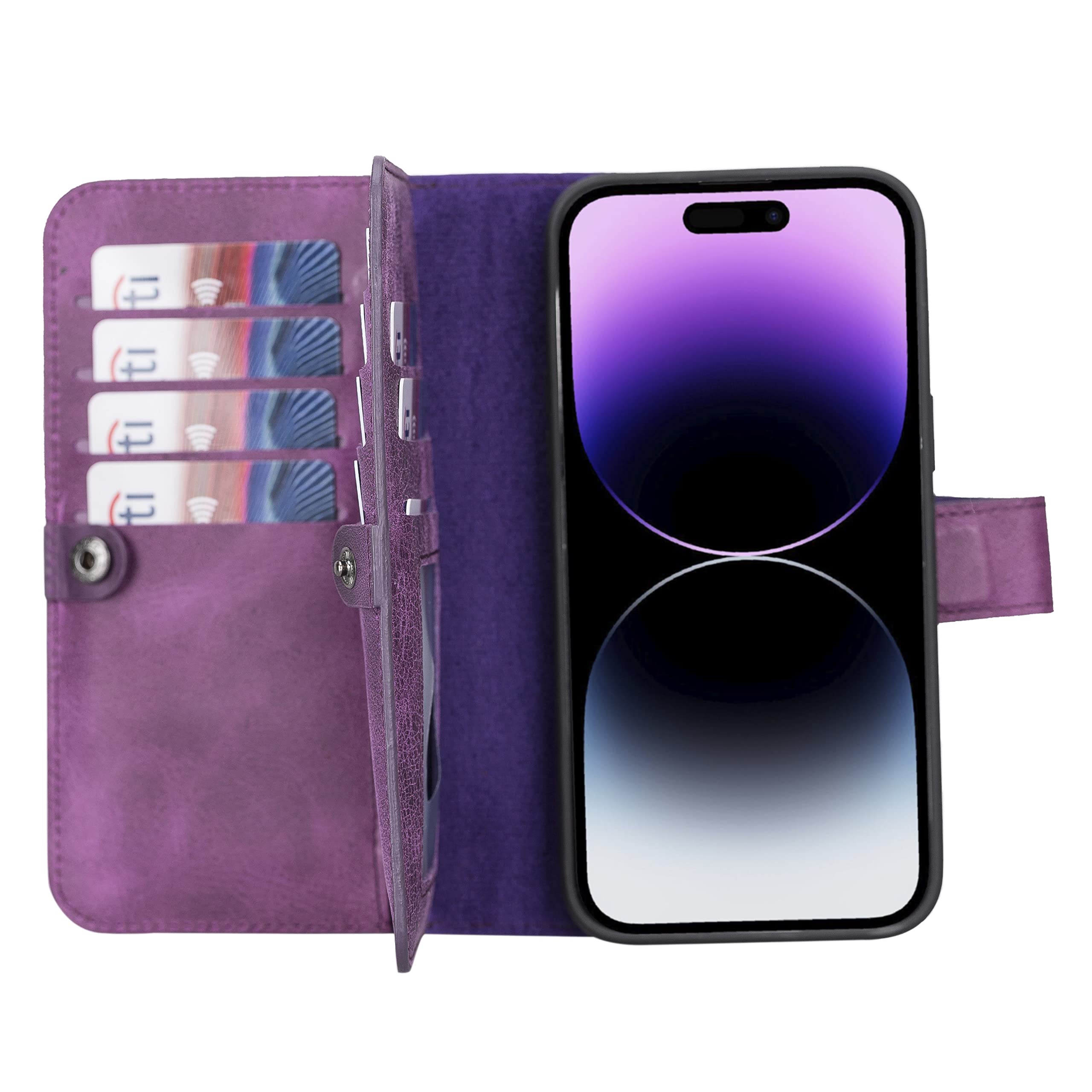 HARDISTON Premium iPhone 14 Pro Max Bi-Fold Wallet Case, MagSafe Compatible Handmade Genuine Leather, Detachable Magnetic Flip Cover with Card Holders Customizable Double Fold Phone Case (Purple)
