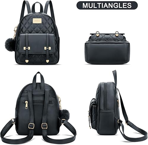 Miniatura 4 de KKXIU Mochila pequeña para mujer, bolso acolchado de cuero sintético, mini mochila de moda para mujer, Negro -, Mochila