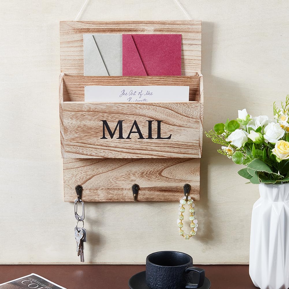 INFUNLY Soporte de madera para llaves de pared, organizador de correo de madera, colgador de llaves de pared con 2 ranuras para correo, paredes de 13.8 x 10.2 pulgadas, carpeta de cartas de granja con