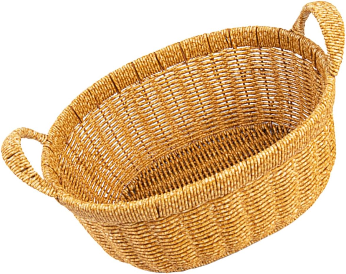 YARNOW Handwoven Rattan Bread Basket with Double Handles Large Oval Deep Fruit Tray Food Serving Basket for Home Kitchen Dining and Outdoor Picnic Storage Organizer