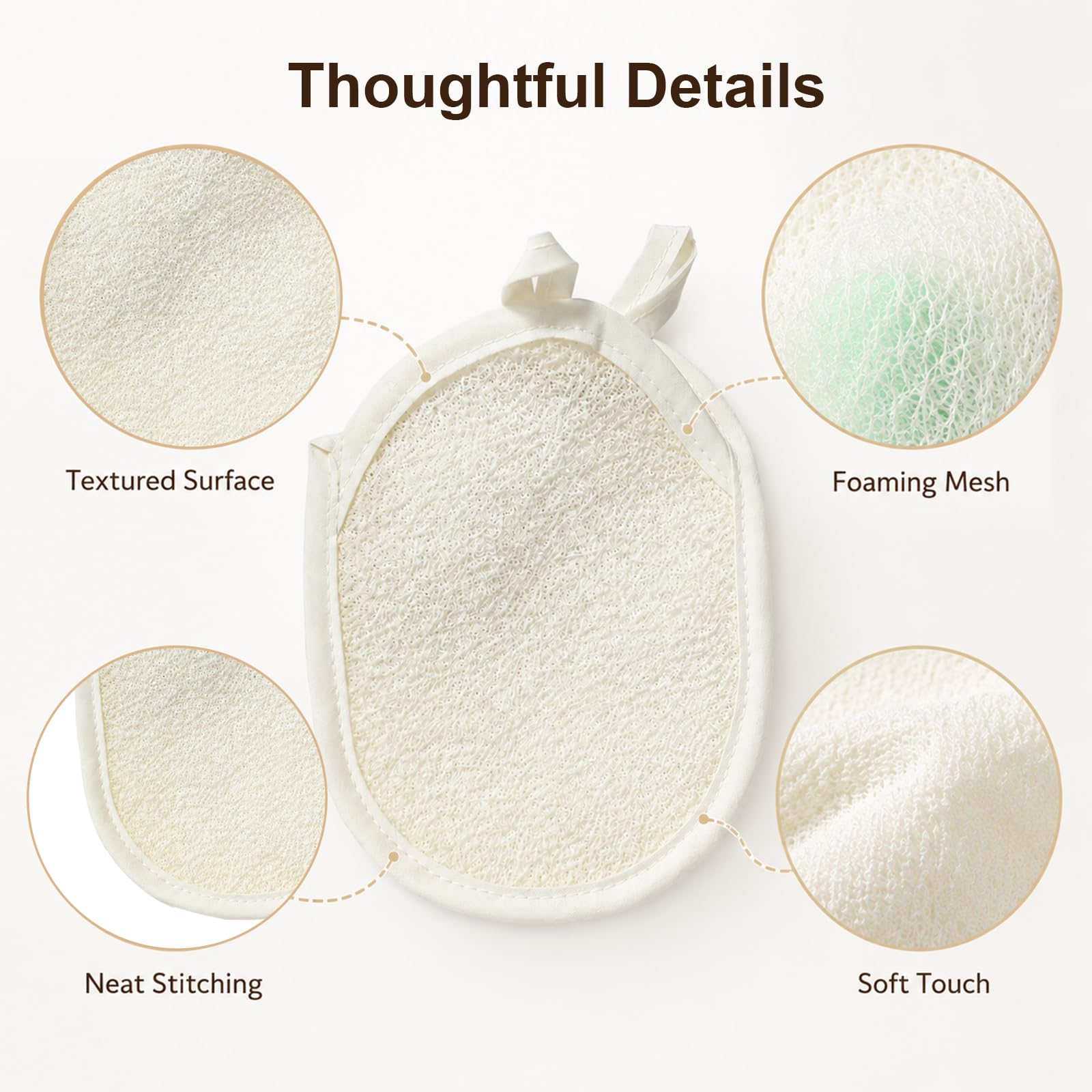 3 Pezzi Spugna Luffa Set Doppia Funzione Sacchetto Sapone con Cordino Morbido Guanto Esfoliante Corpo per Bagno e Doccia Resistente Spugna Doccia per Donne e Uomini (Beige)