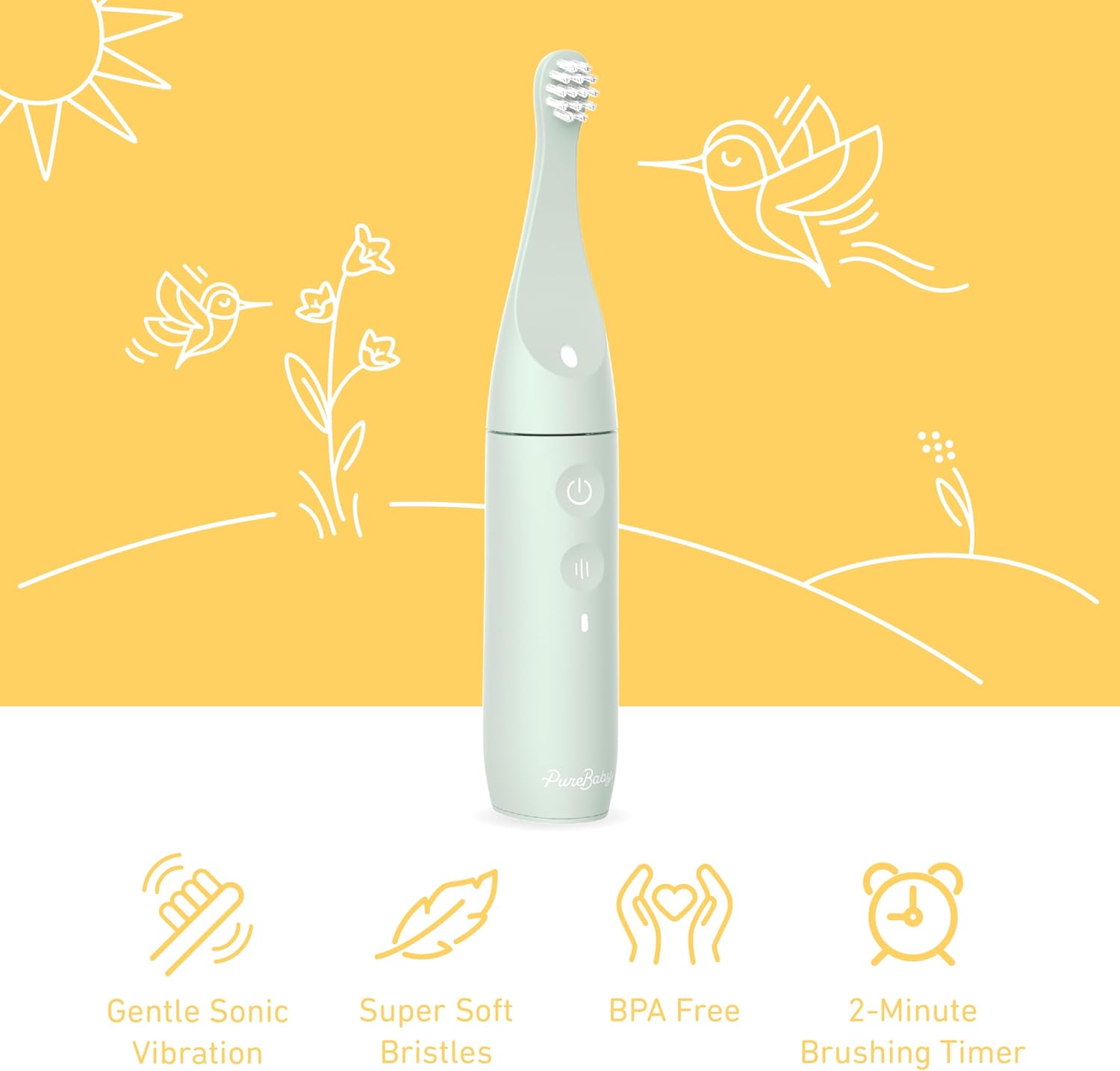 Pure Enrichment PureBaby Infant-to-Toddler Electric Toothbrush - Waterproof Baby & Toddler Toothbrush with Silicone & Bristle Heads, Sonic Vibration, & Timer - Ages 6 Mo-3 Yrs (Sage Green)