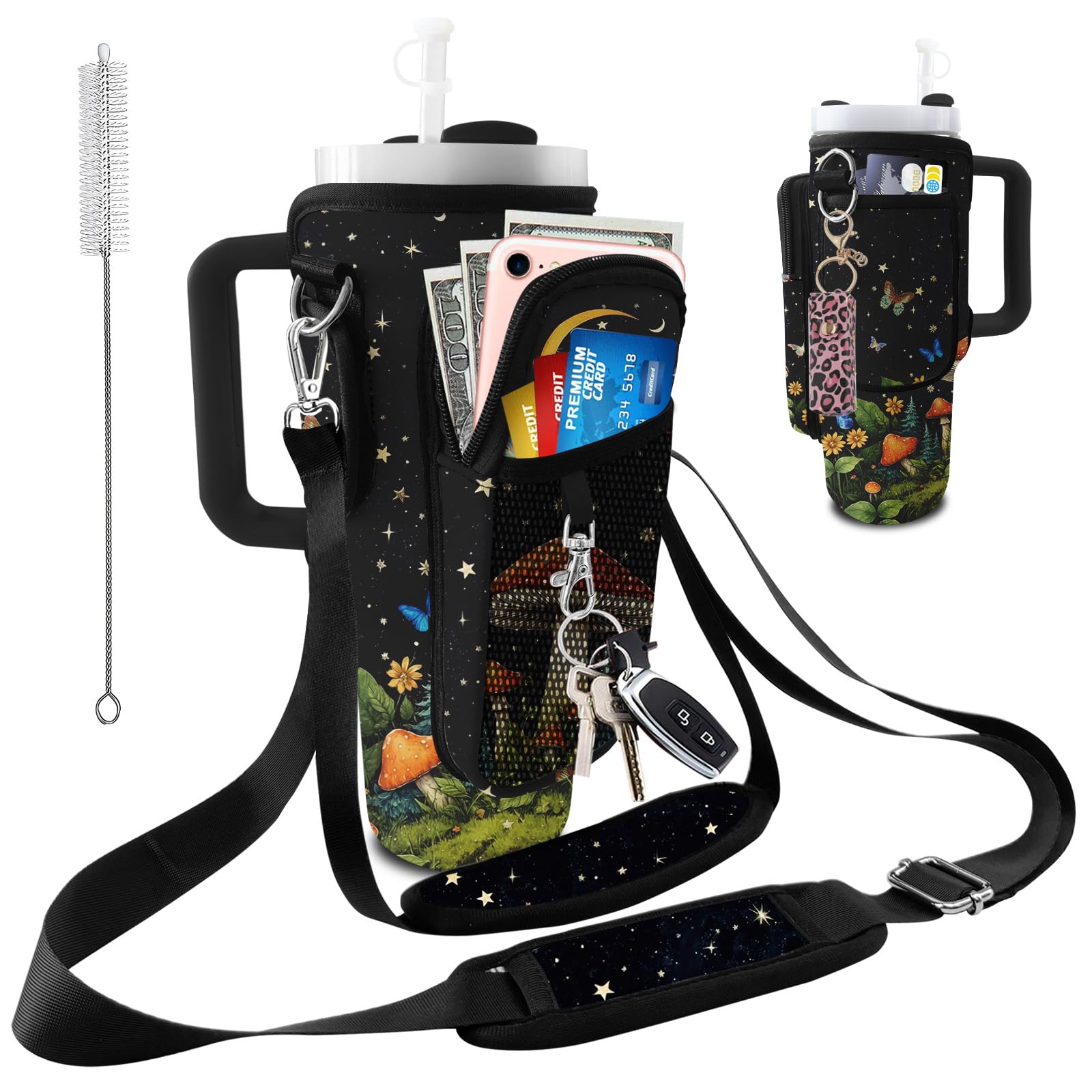 bolimoss Stanley Cup Bag 40 oz Insulated Water Bottle Holder Pouch with Adjustable Strap & Phone Pocket, Neoprene Water Bottle Holder Pouch Stanley Travel Cup Accessories-Mushroom