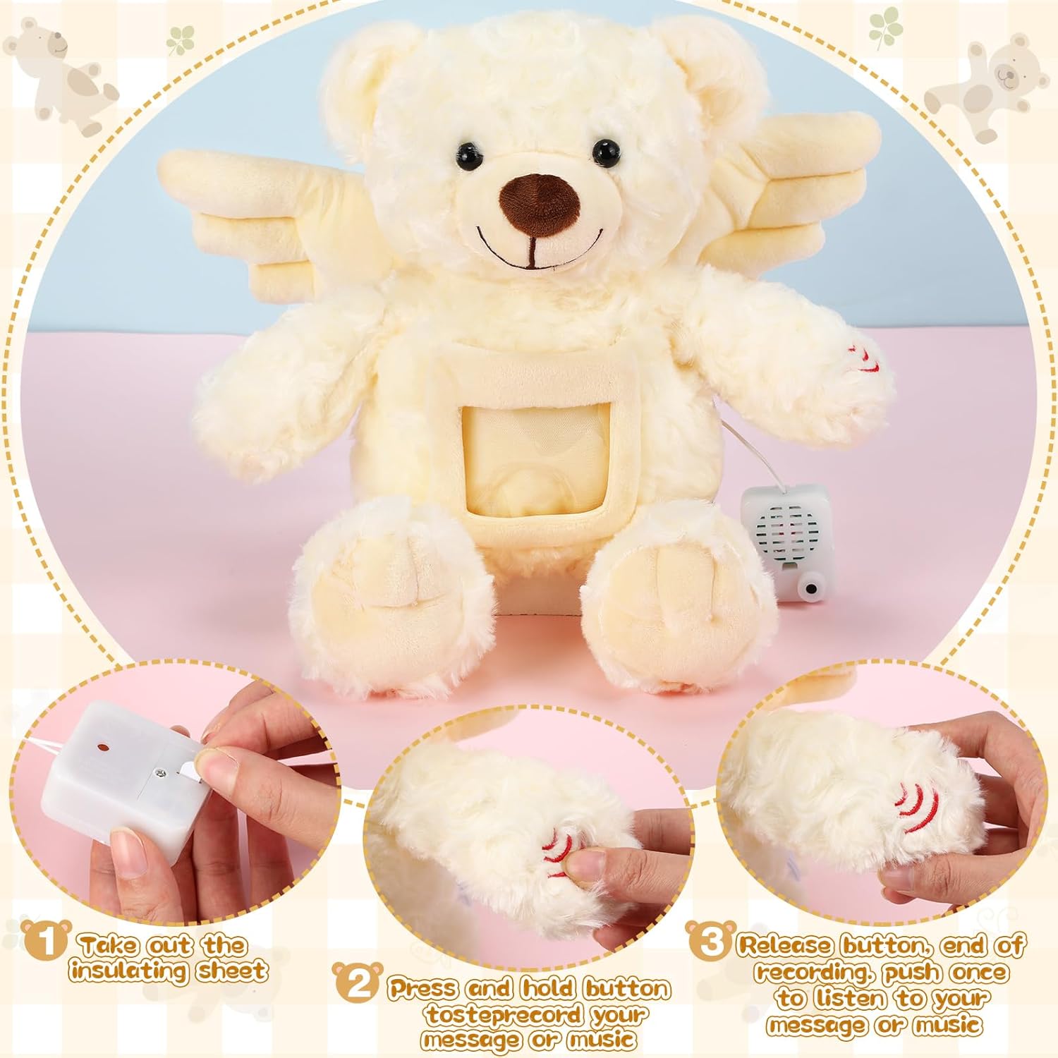 Leyndo 12 Inch Angel Remembrance Bear Plush Stuffed Animal with Recorder Soft Plush Animal Toy with a Picture Frame for Baby Shower Birthday Party Wedding Gift(Cream) - Image 4