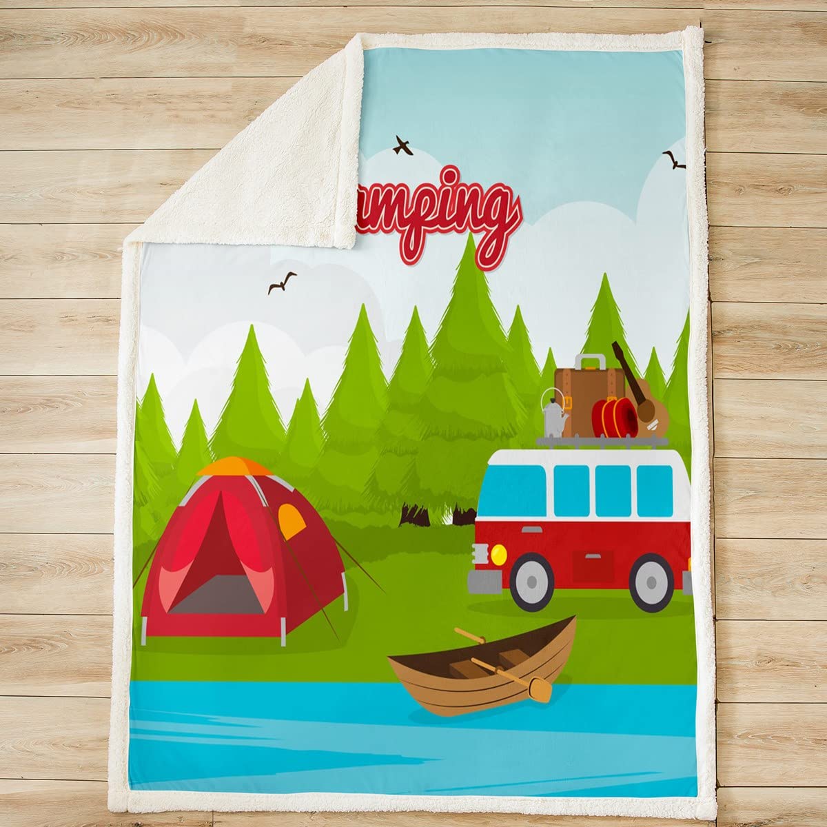 Grande coperta da campeggio Sherpa coperta da campeggio, auto, camper, da viaggio, in pile per bambini, ragazzi, ragazze, camper, lago, barca, coperta fuzzy per divano letto, queen 200 x 200 cm
