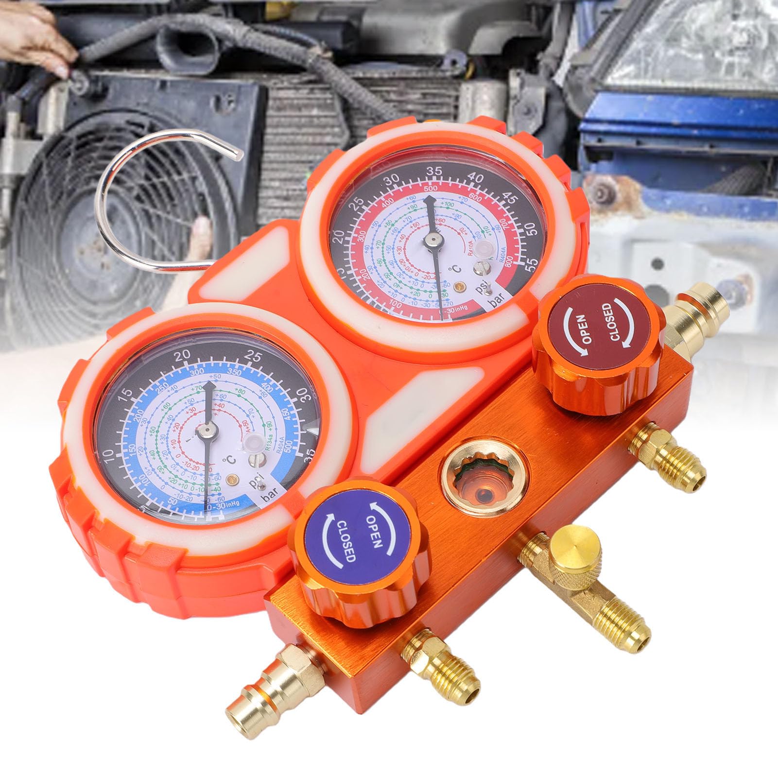 Zestaw Wskaźników Kolektora AC Motoryzacyjny 3 Zawory z Wężami o Długości 5 Stóp Mosiądz Aluminium ABS dla R12 R22 R134a R502 R1234yf Czynniki Chłodnicze Narzędzie Diagnostyczne HVAC