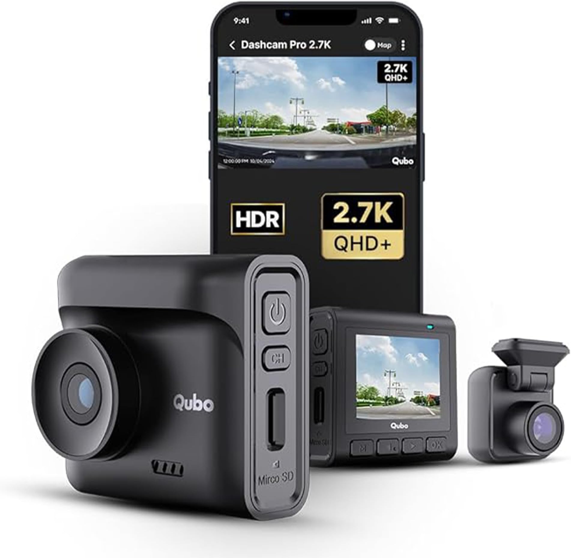 Qubo Car Dashcam Pro 2.7K | Dual Channel | Hero Group | NightPulse Vision | 5MP QHD+ Front Wide 2MP FHD Rear | G-Sensor | 2" LCD | Built-in GPS, Wi-Fi, Mic | App | Up to 1TB Storage| Made in India