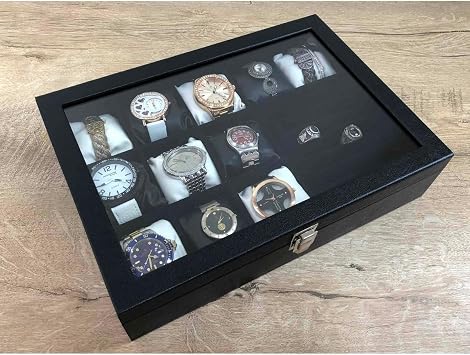 11 Kol Saati Kutusu Küpe Yüzük Kolye Bileklik Kutusu Dekoratif Cam Kapaklı Kutu AXE3-T9 Siyah Yastıklar Kareli